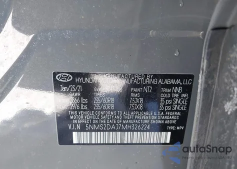 2021 Hyundai Santa Fe Sel z USA, uszkodzony, nr VIN 5NMS2DAJ7MH326224